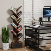 9 Tier Tree Bookshelf With Drawer Bookcase, Modern Book Storage, Free Standing Tree Bookcase, Utility Organizer Shelves For Home Office, Living Room, Bedroom, Rustic Brown